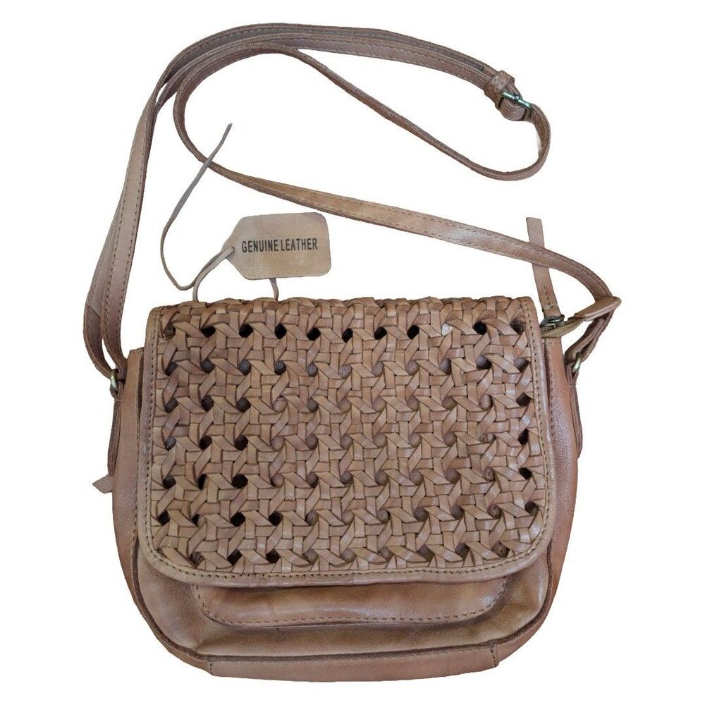 Brown Genuine Leather Woven Flap Crossbody Shoulder Bag 10" x 8" Adjustable